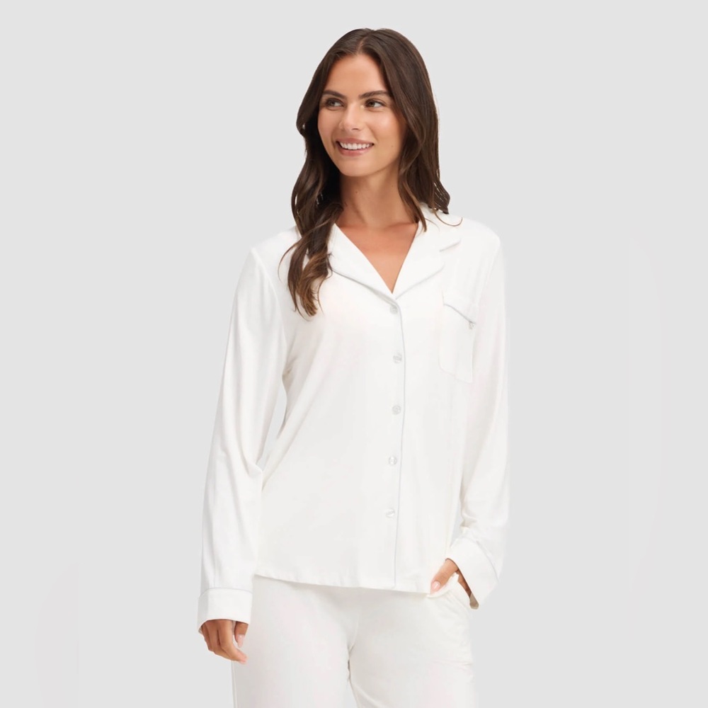 Cozy Earth Women's Bamboo Stretch-Knit White Long Sleeve Pajama Top Shirt Sleep